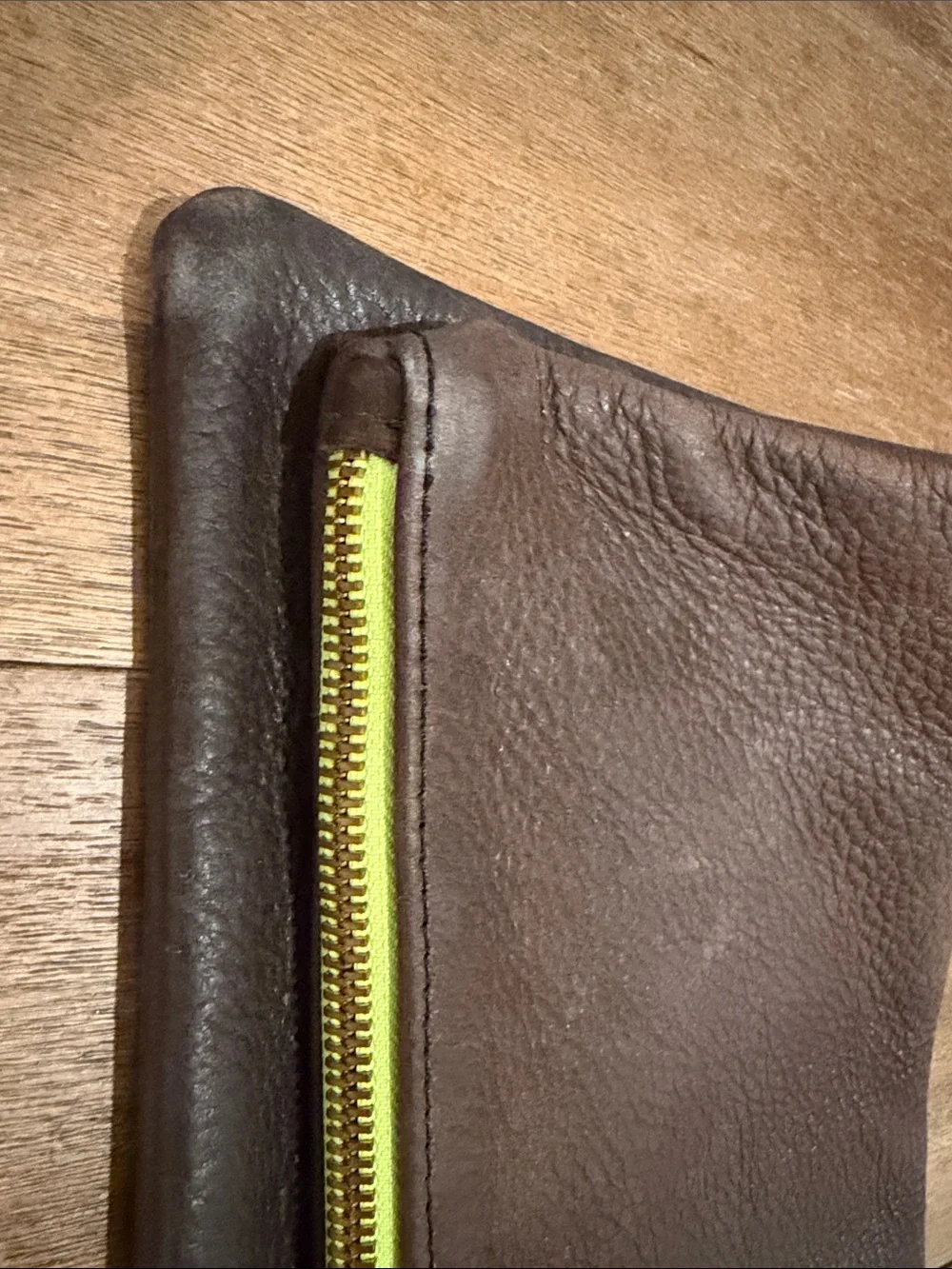 Men's Brown Leather Clutch with Yellow Zipper